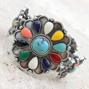 2" Turquoise Semi-Precious Stone Chunky Stretch Flower Silver Bracelet